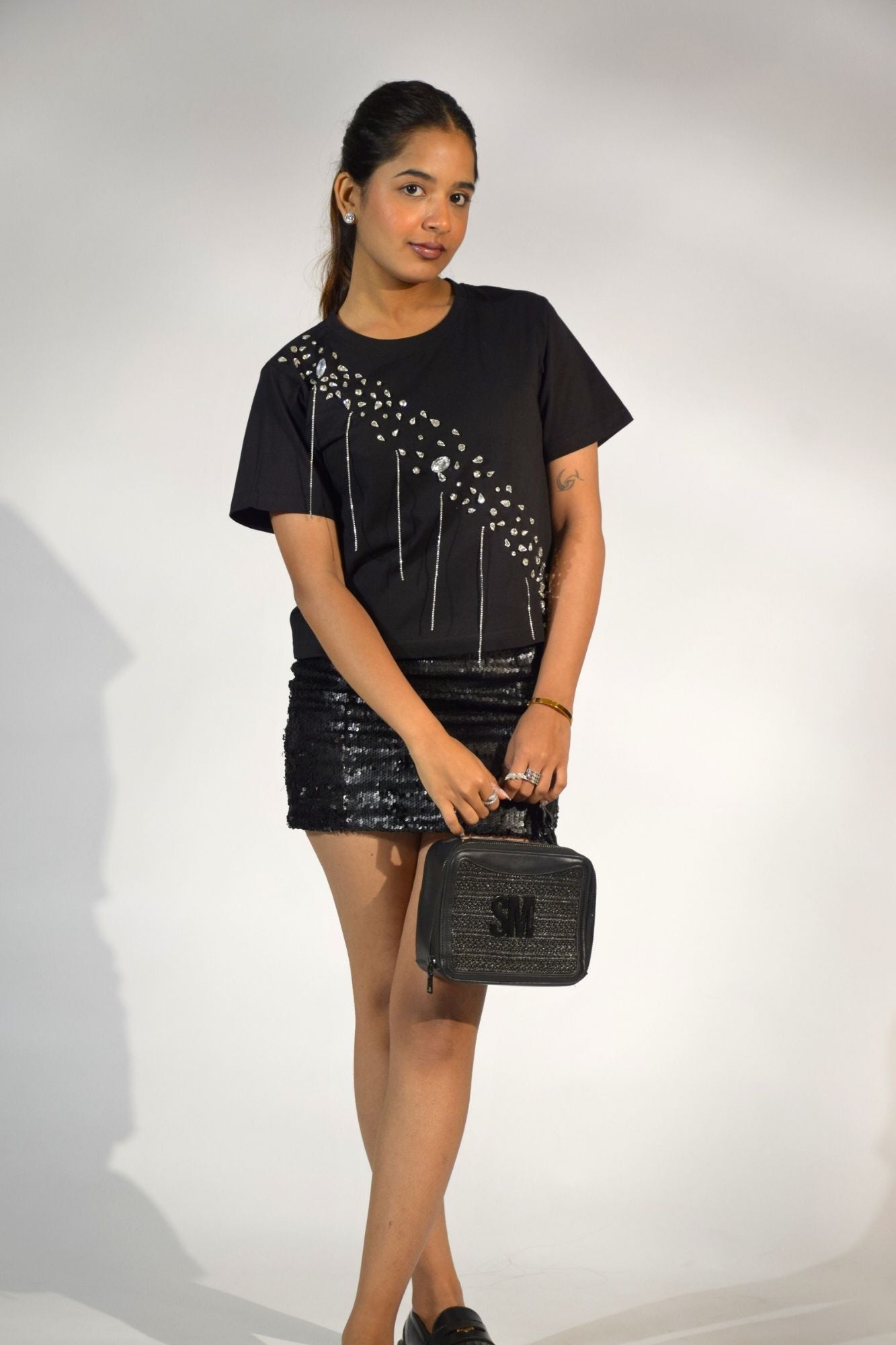 Crystal Wave Embellished Handcrafted Crop T-Shirt Black