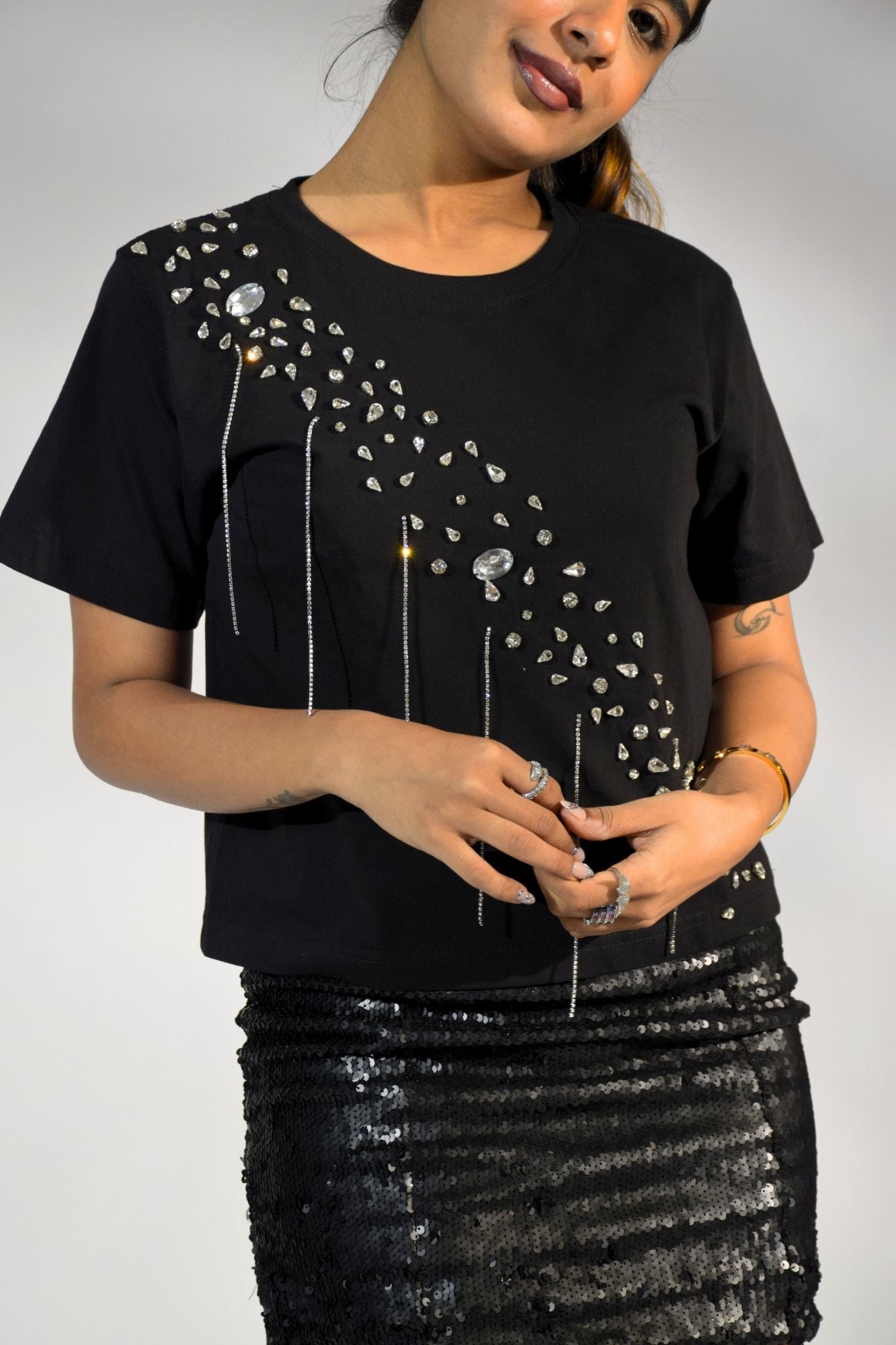 Crystal Wave Embellished Handcrafted Crop T-Shirt Black