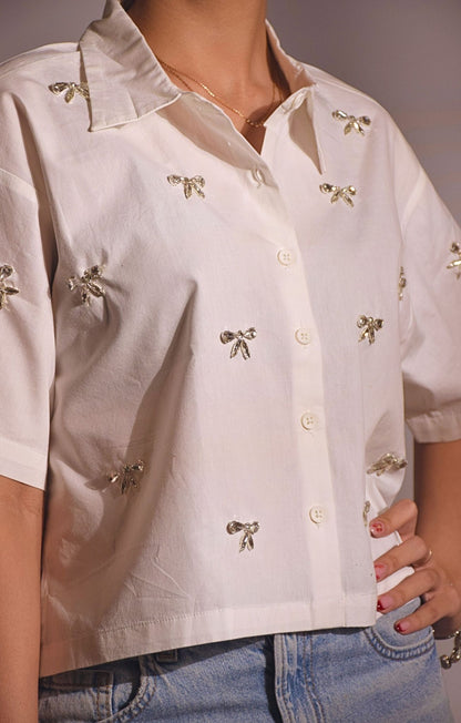 Bow Bliss Embellished Handcrafted Crop Shirt White