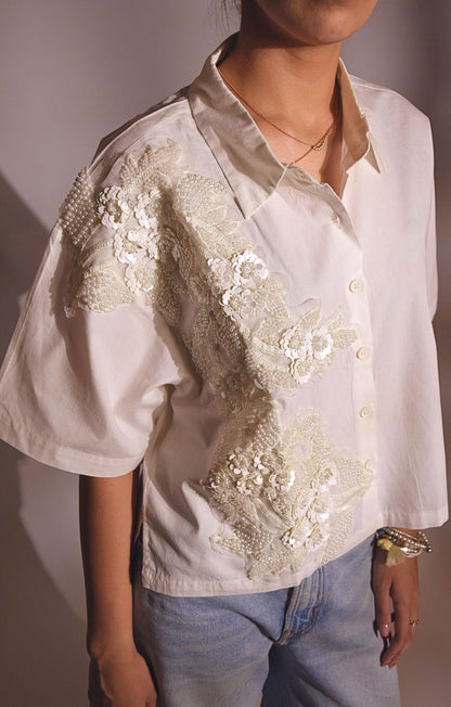 Pearl River Embellished Handcrafted Crop Shirt White