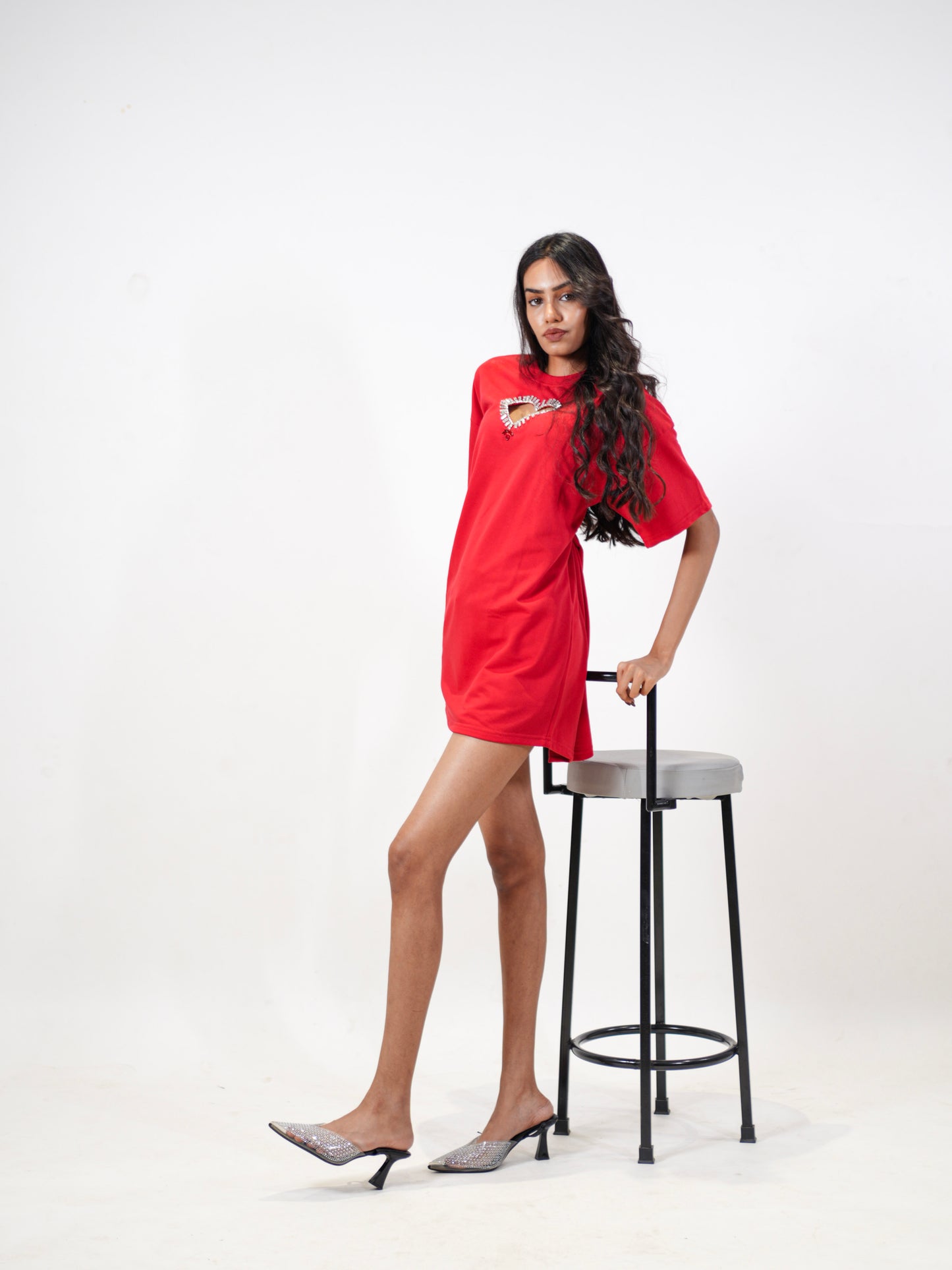 Queen of Heart Embellished Handcrafted Oversized Tshirt Dress Red