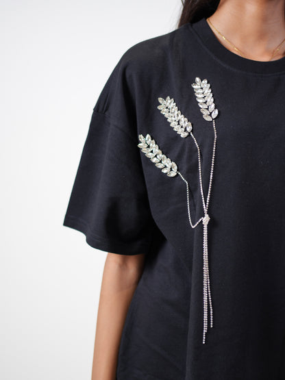 The Grain Embellished Handcrafted Oversized Tshirt Dress Black
