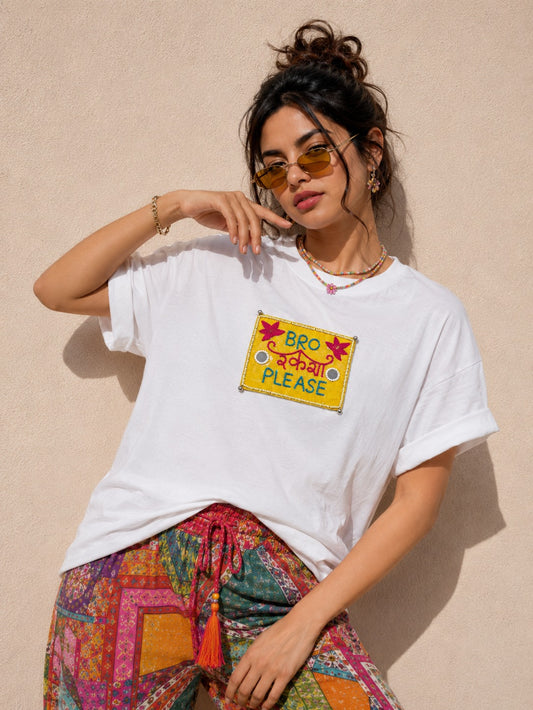 Bro Raksha Pls Hand Embroidered oversized T Shirt White