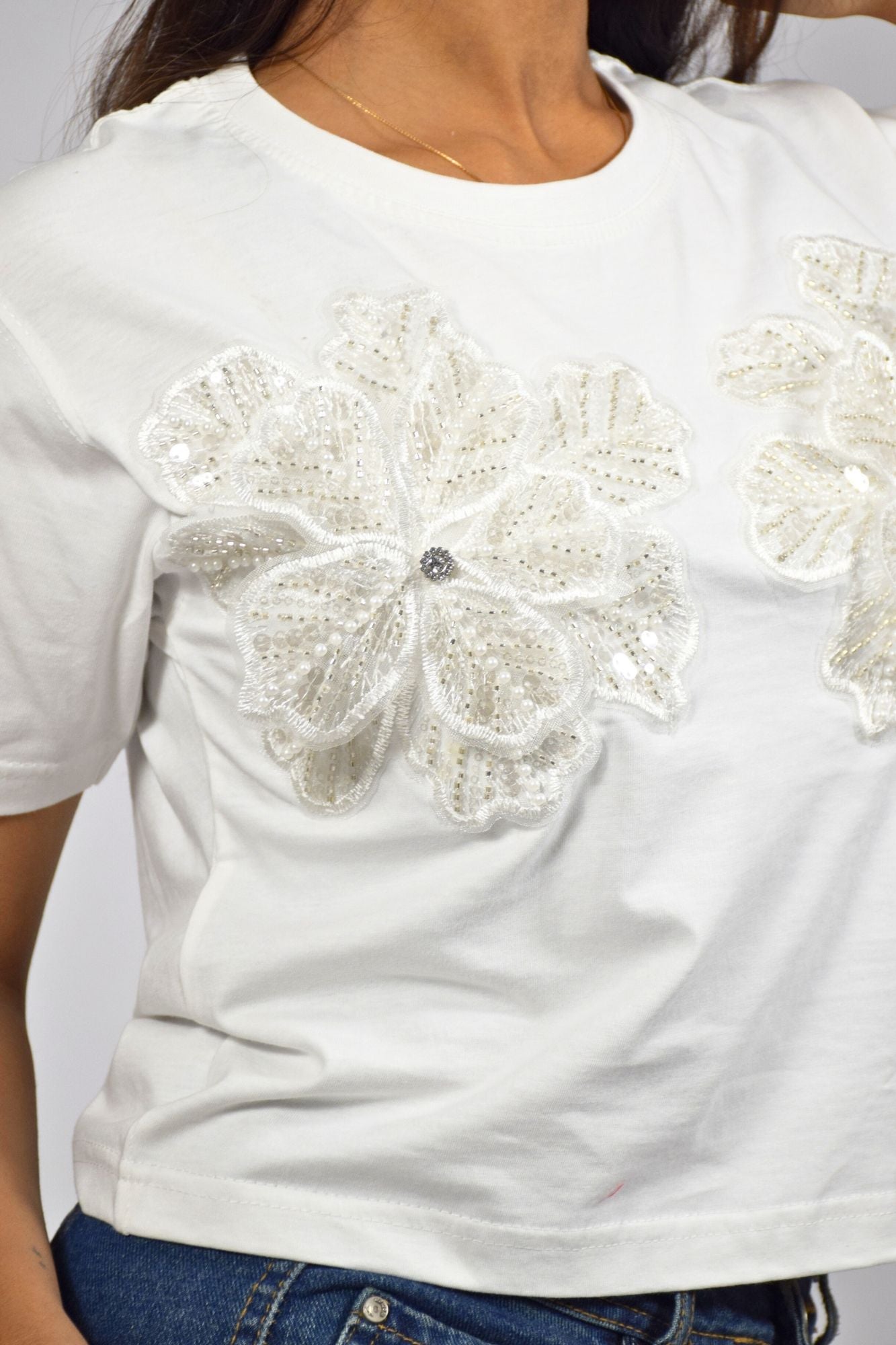 Quirky Flower Embellished Handcrafted Crop T-Shirt White