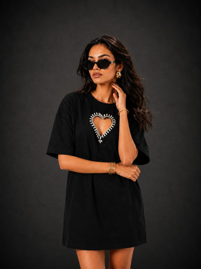 Queen of Heart Embellished Handcrafted Oversized Tshirt Dress Black