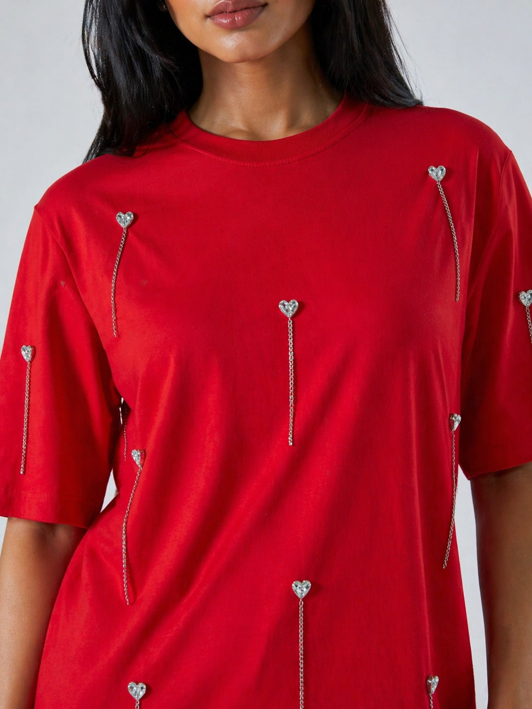 Heartdrop Embellished Handcrafted Drop oversized T-Shirt Red