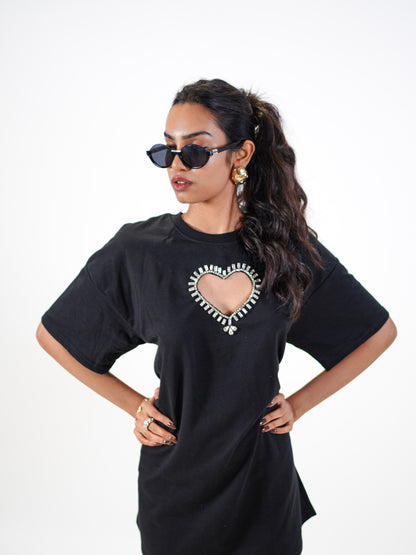 Queen of Heart Embellished Handcrafted Oversized Tshirt Dress Black