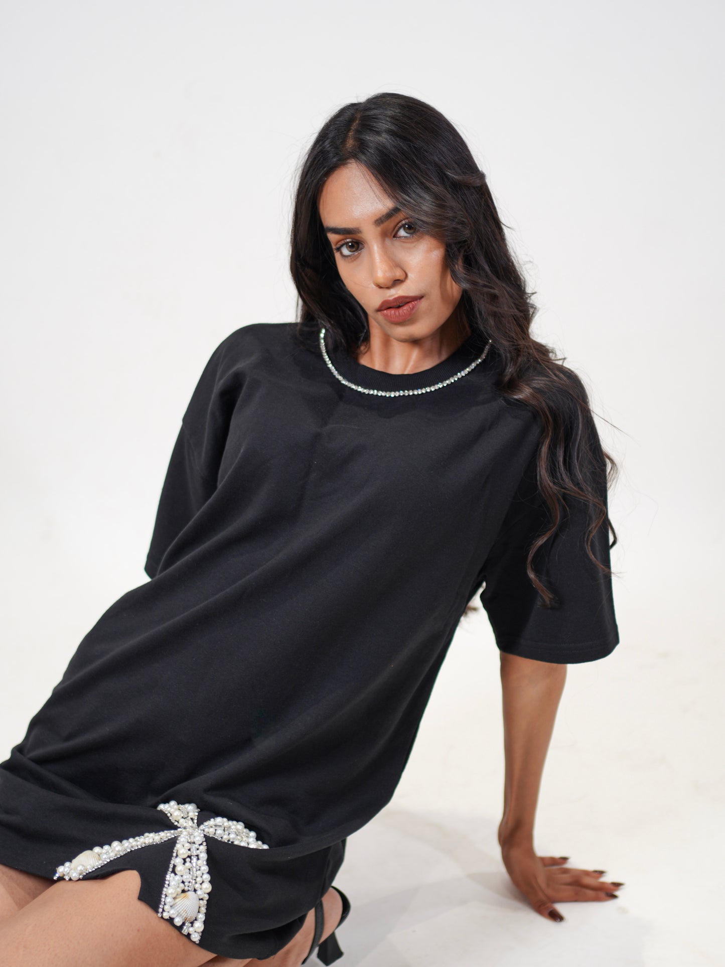 Crystal Bow Embellished Handcrafted Oversized Tshirt Dress Black