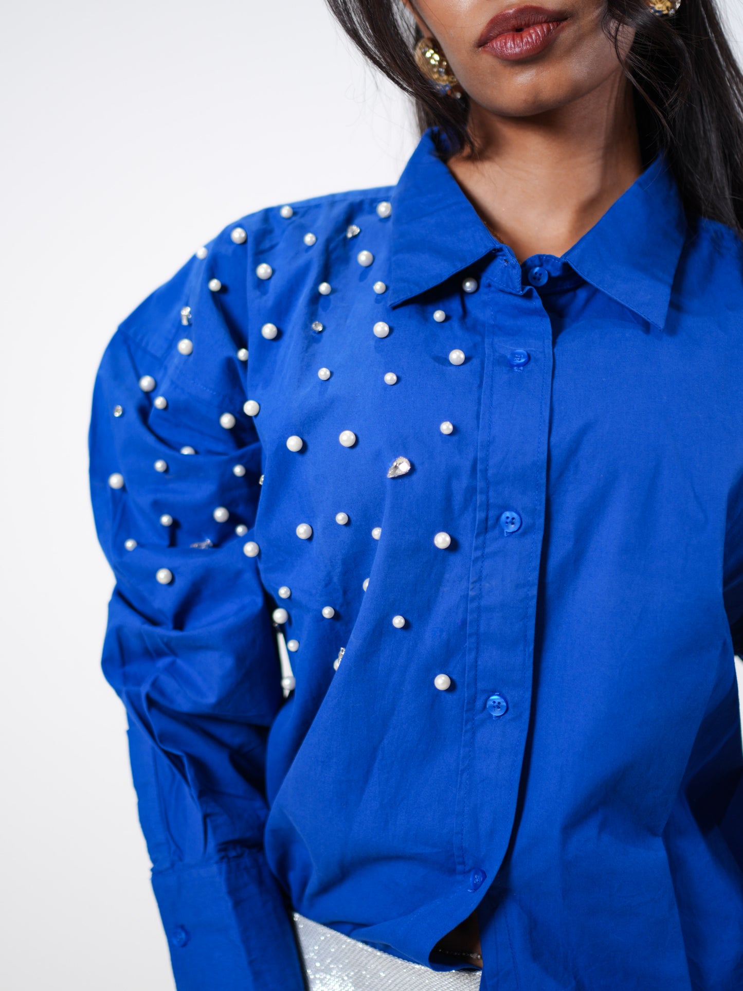 Boujee Pearl Embellished Handcrafted Oversized Shirt Blue