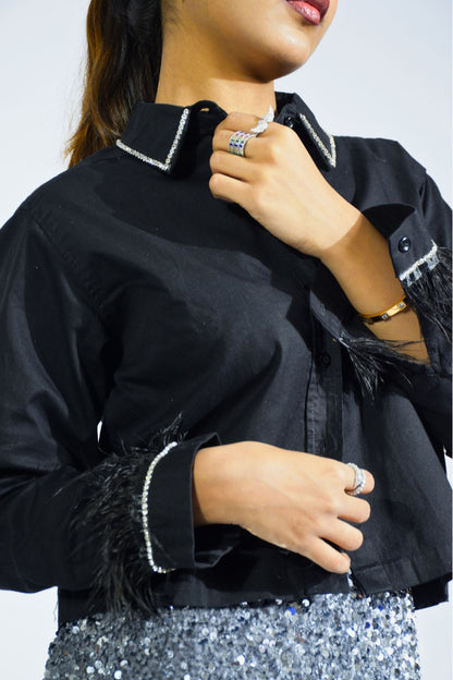 Rhine Feather Embellish Handcrafted Crop Shirt Black