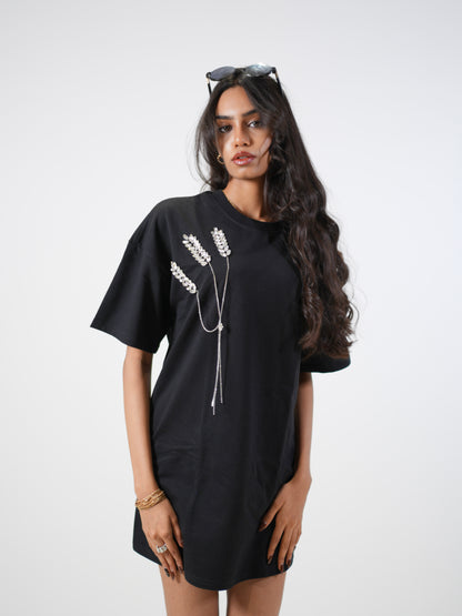 The Grain Embellished Handcrafted Oversized Tshirt Dress Black