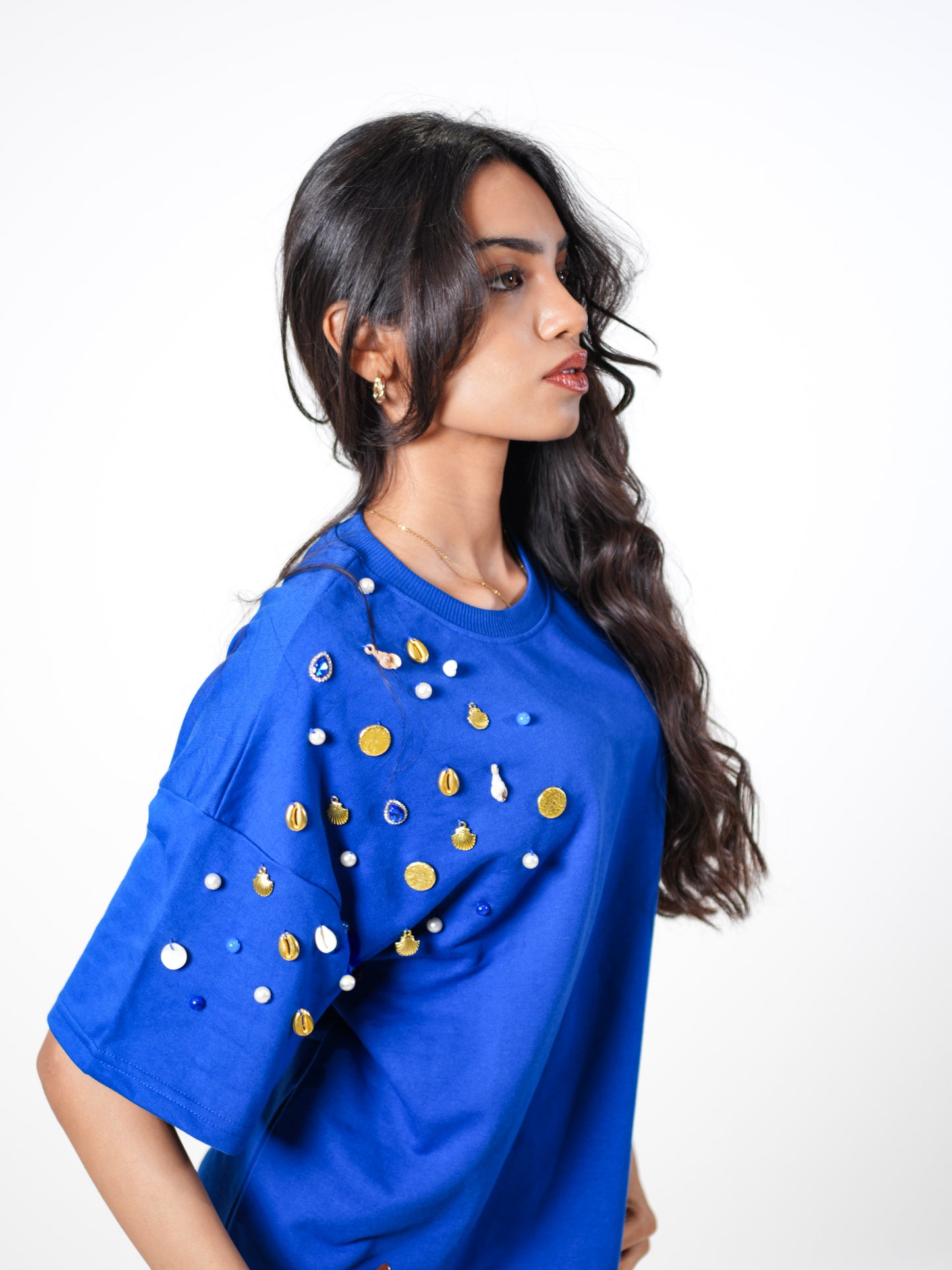 Blue Wave Treasure Embellished Handcrafted Oversized Tshirt Dress Blue