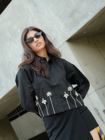Midnight lotus Embellish Handcrafted Crop Shirt Black
