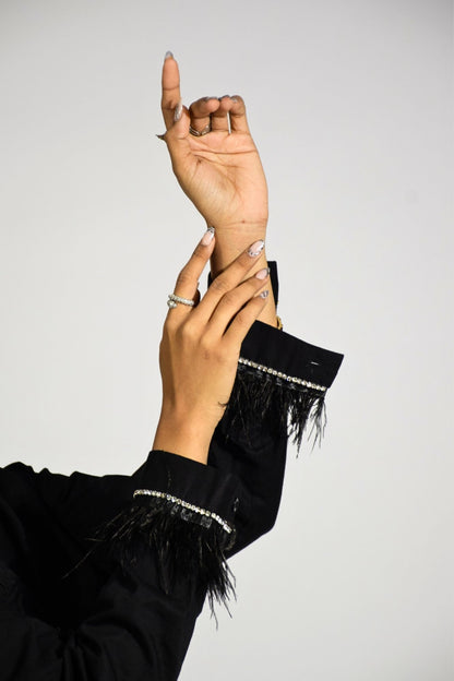 Rhine Feather Embellish Handcrafted Crop Shirt Black
