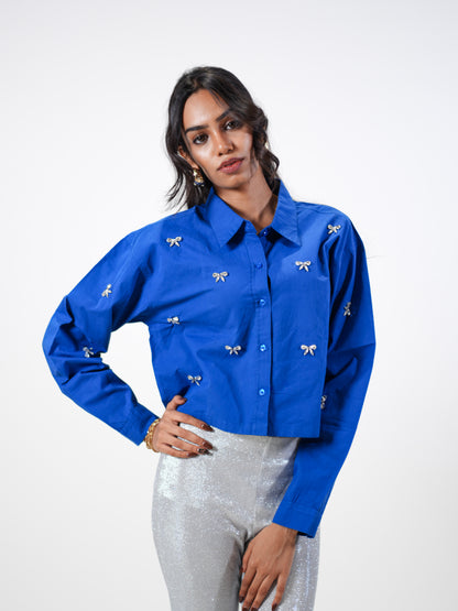 Bow Bliss Embellished Handcrafted Crop Shirt Blue