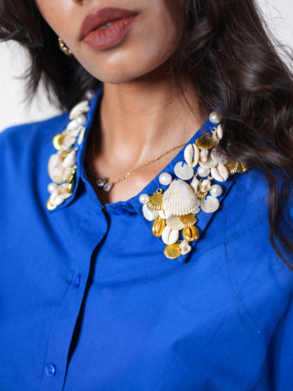 Sea Shell Embellished Handcrafted Crop Shirt Blue