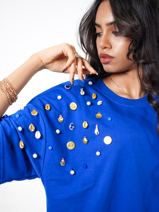 Blue Wave Treasure Embellished Handcrafted Oversized Tshirt Dress Blue