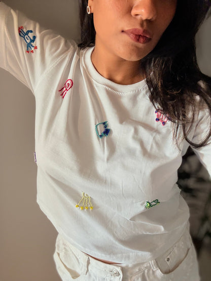 Ananya Beach Hand Embroidered Cropped T-Shirt White