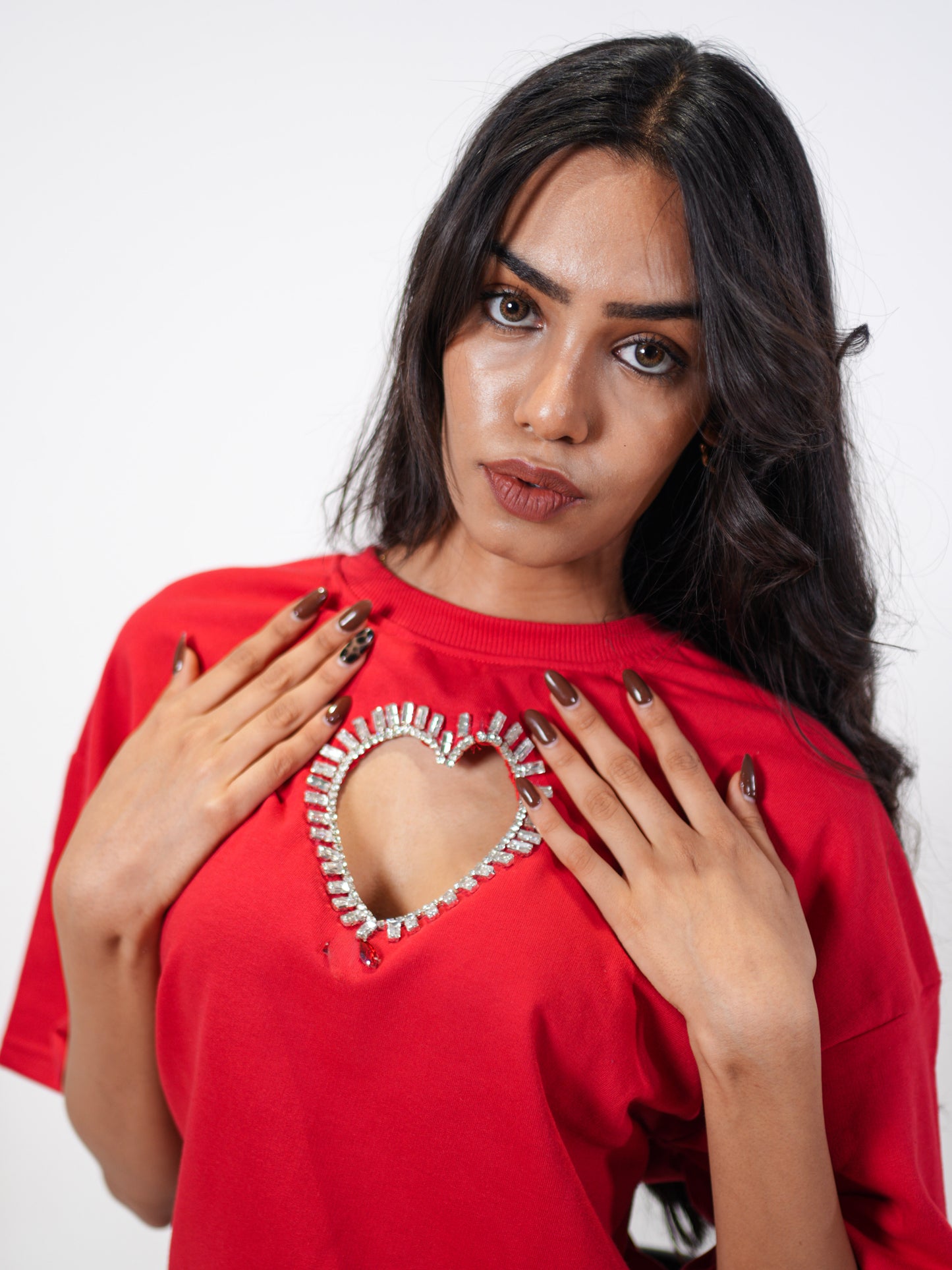 Queen of Heart Embellished Handcrafted Oversized Tshirt Dress Red