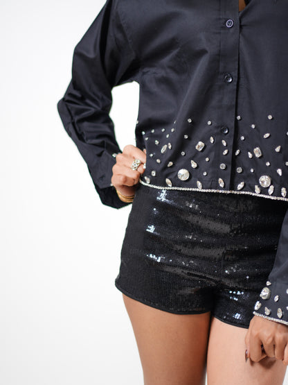 After Moon Embellish Handcrafted Crop Shirt Black