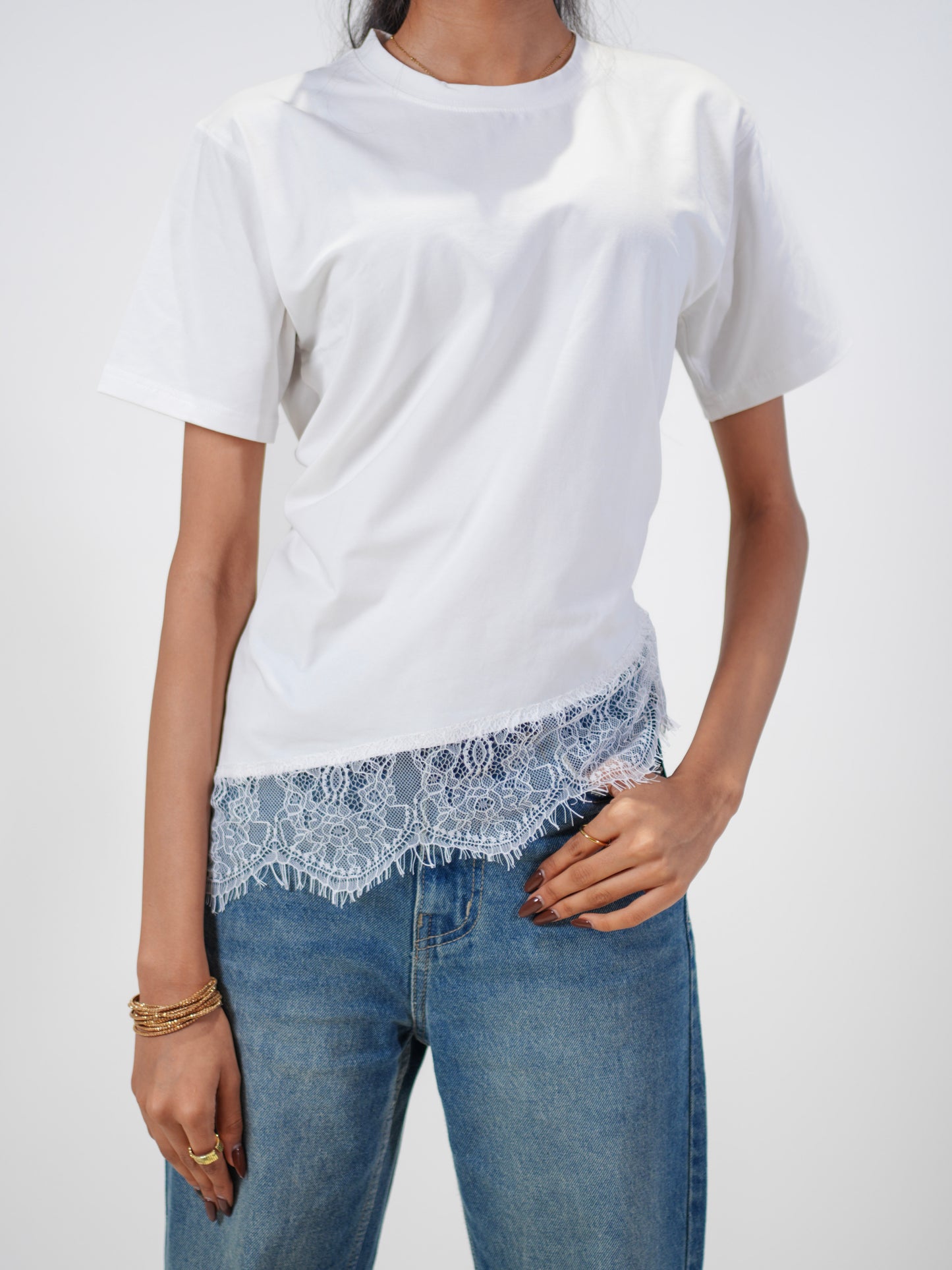 Lace Affair Embellished Handcrafted Relaxed Fit T-Shirt White