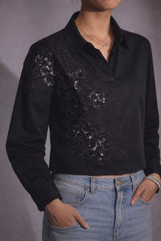 Pearl River Embellished Handcrafted Crop Shirt black
