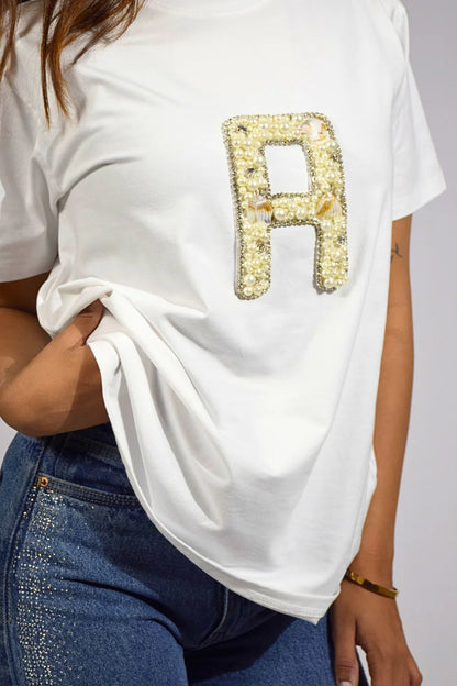 Personalized alphabet hand embroidered embellished oversized T-shirt  White