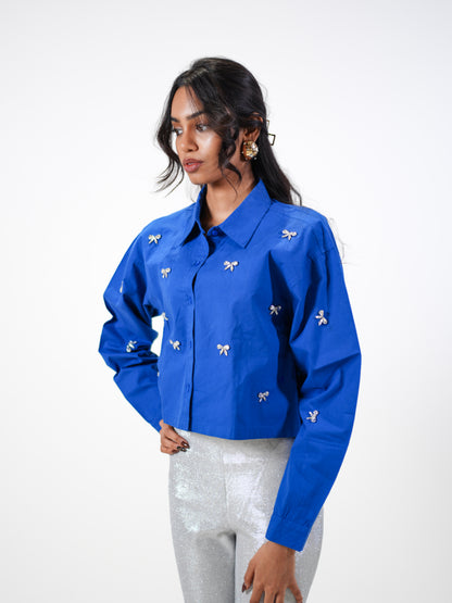 Bow Bliss Embellished Handcrafted Crop Shirt Blue