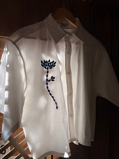 Sapphire Charm Embellished Handcrafted Crop Shirt White