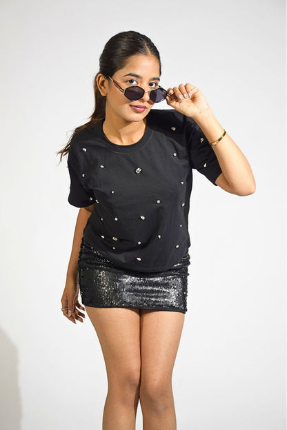 Galaxy Stone Embellished Handcrafted Crop T-shirt Black