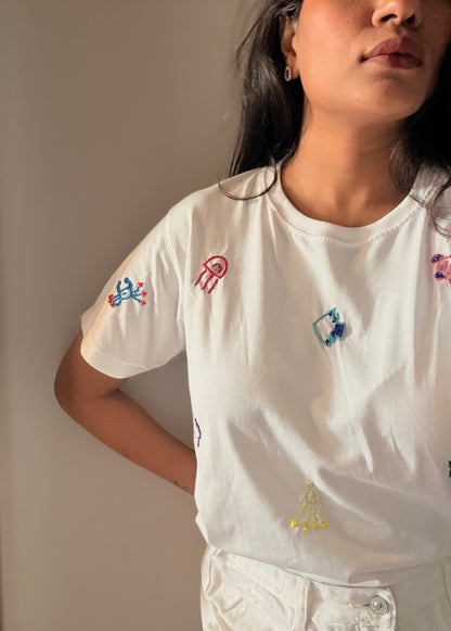 Ananya Beach Hand Embroidered Cropped T-Shirt White