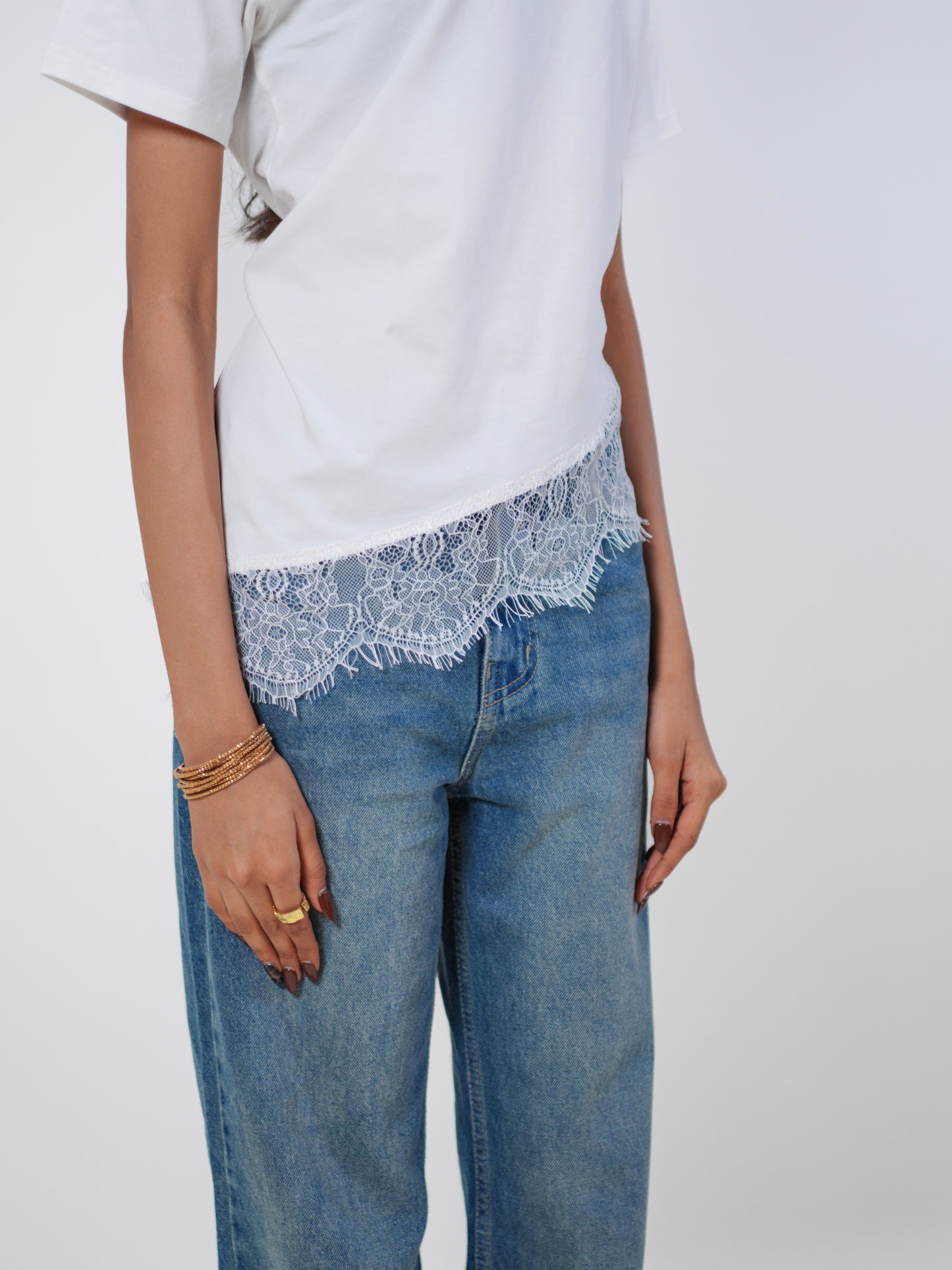 Lace Affair Embellished Handcrafted Relaxed Fit T-Shirt White
