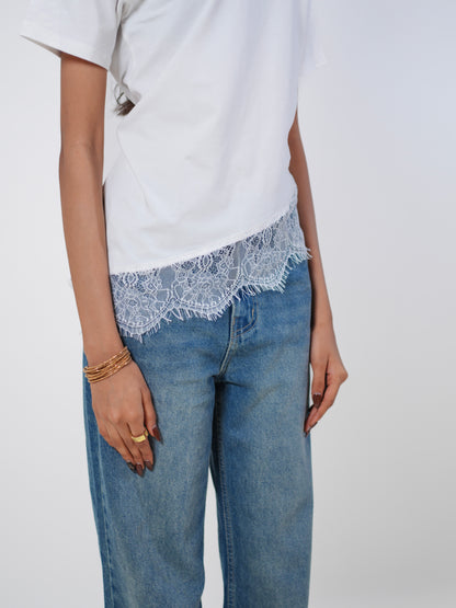 Lace Affair Embellished Handcrafted Relaxed Fit T-Shirt White