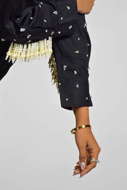 Wild Pearl Cuffs Oversized Shirt Black