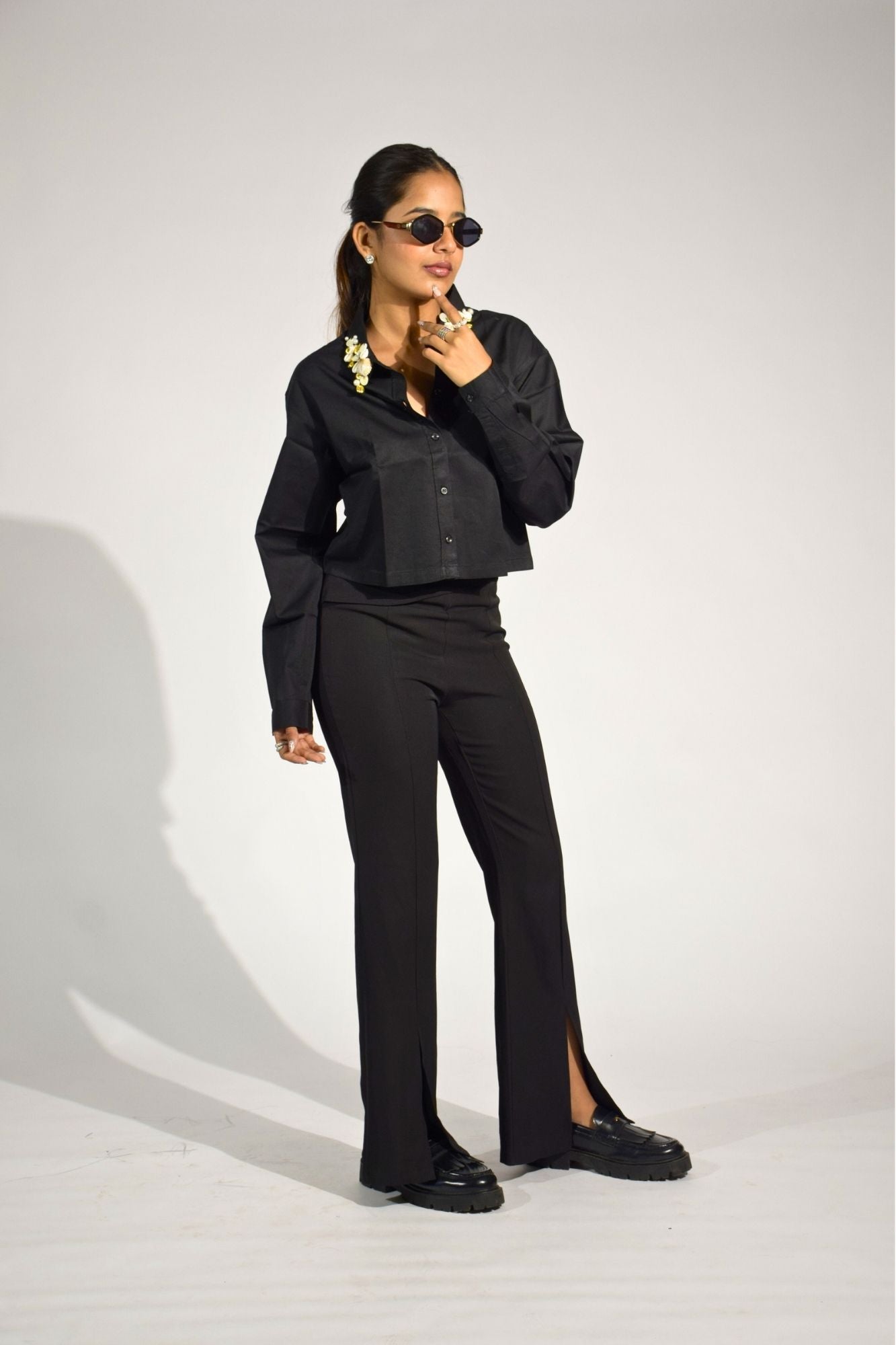 Sea Shell Embellished Handcrafted Crop Shirt Black