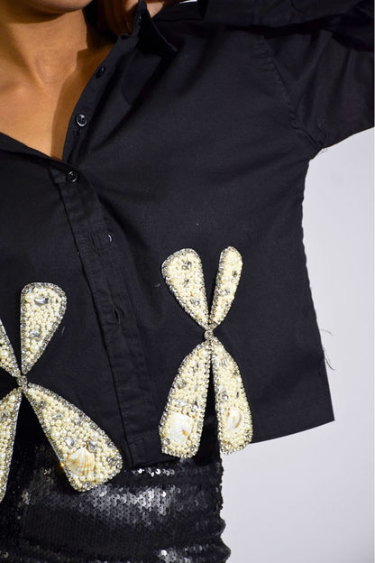Bow Aura Charm Embellished Handcrafted Crop Shirt Black