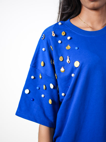 Blue Wave Treasure Embellished Handcrafted Oversized Tshirt Dress Blue