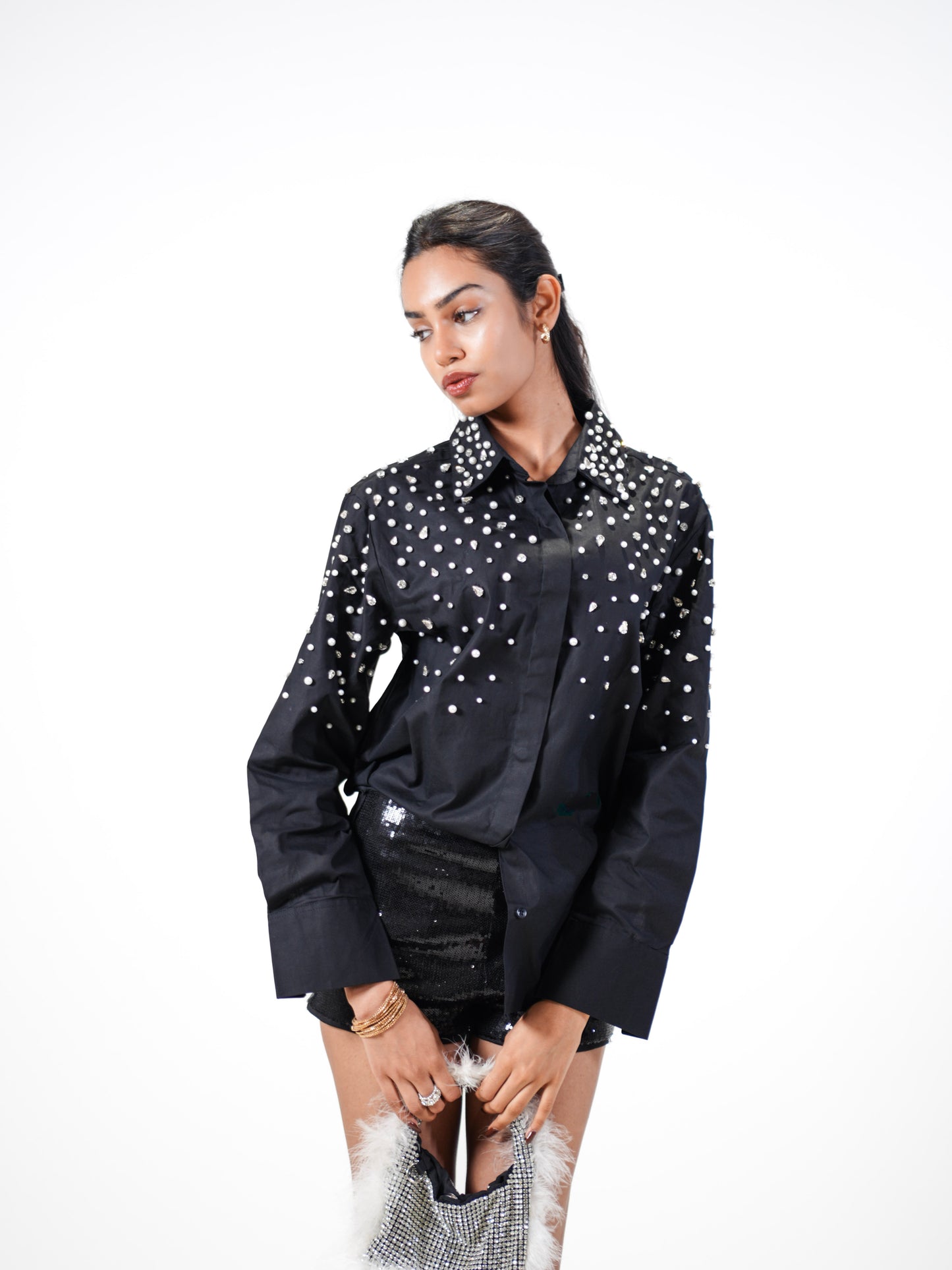 Noor Drip Embellished Handcrafted Oversized Shirt Black