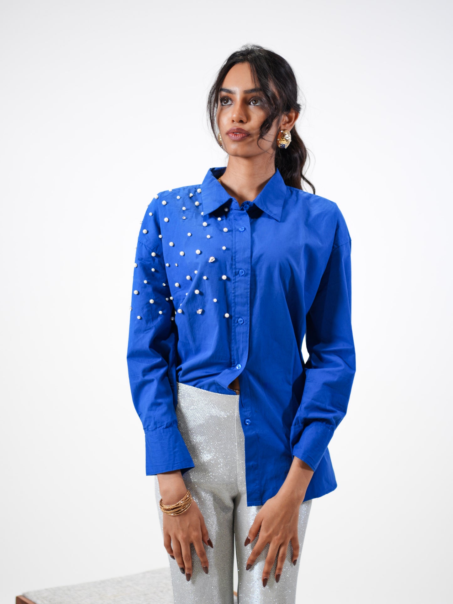 Boujee Pearl Embellished Handcrafted Oversized Shirt Blue