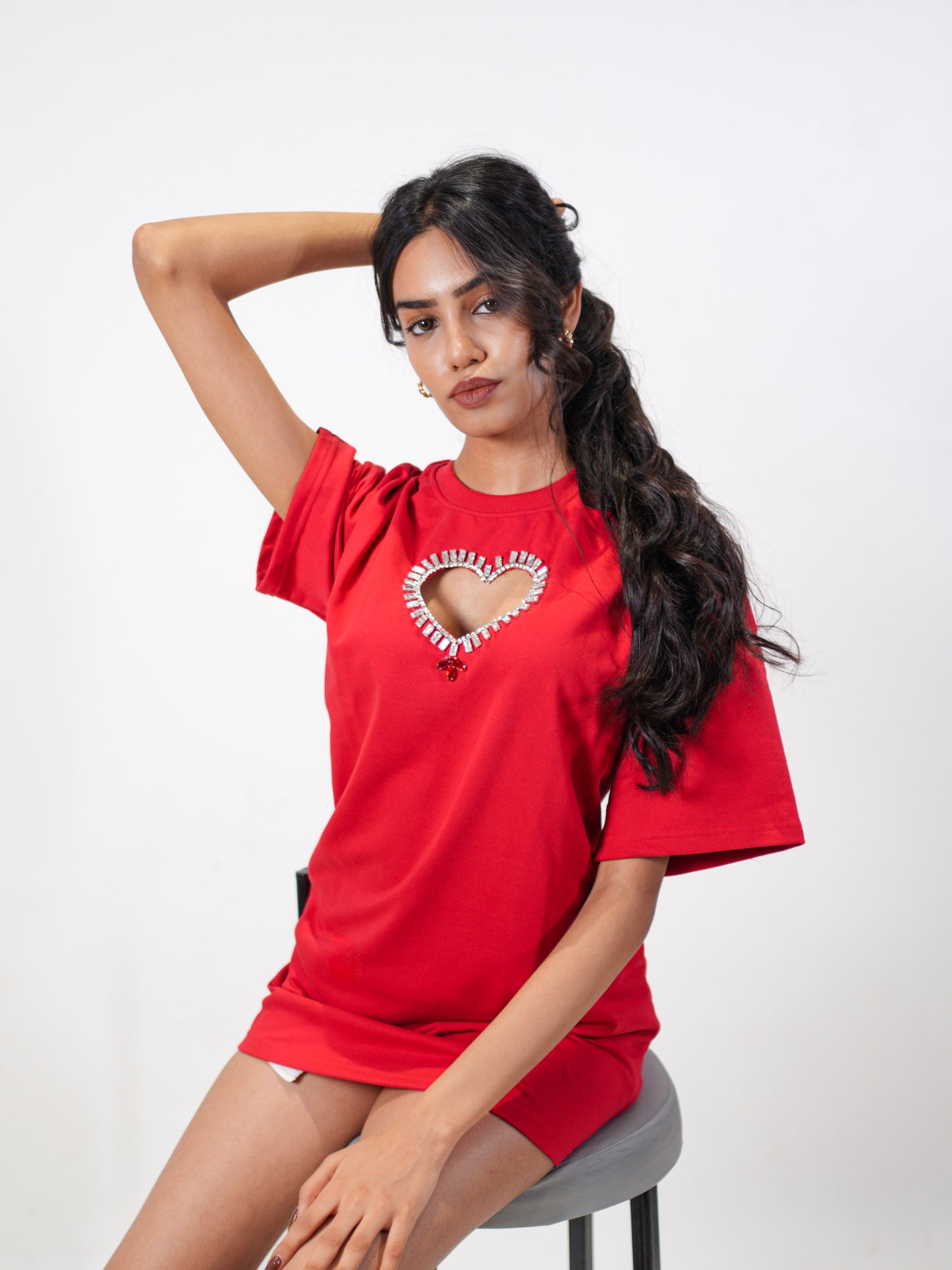 Queen of Heart Embellished Handcrafted Oversized Tshirt Dress Red