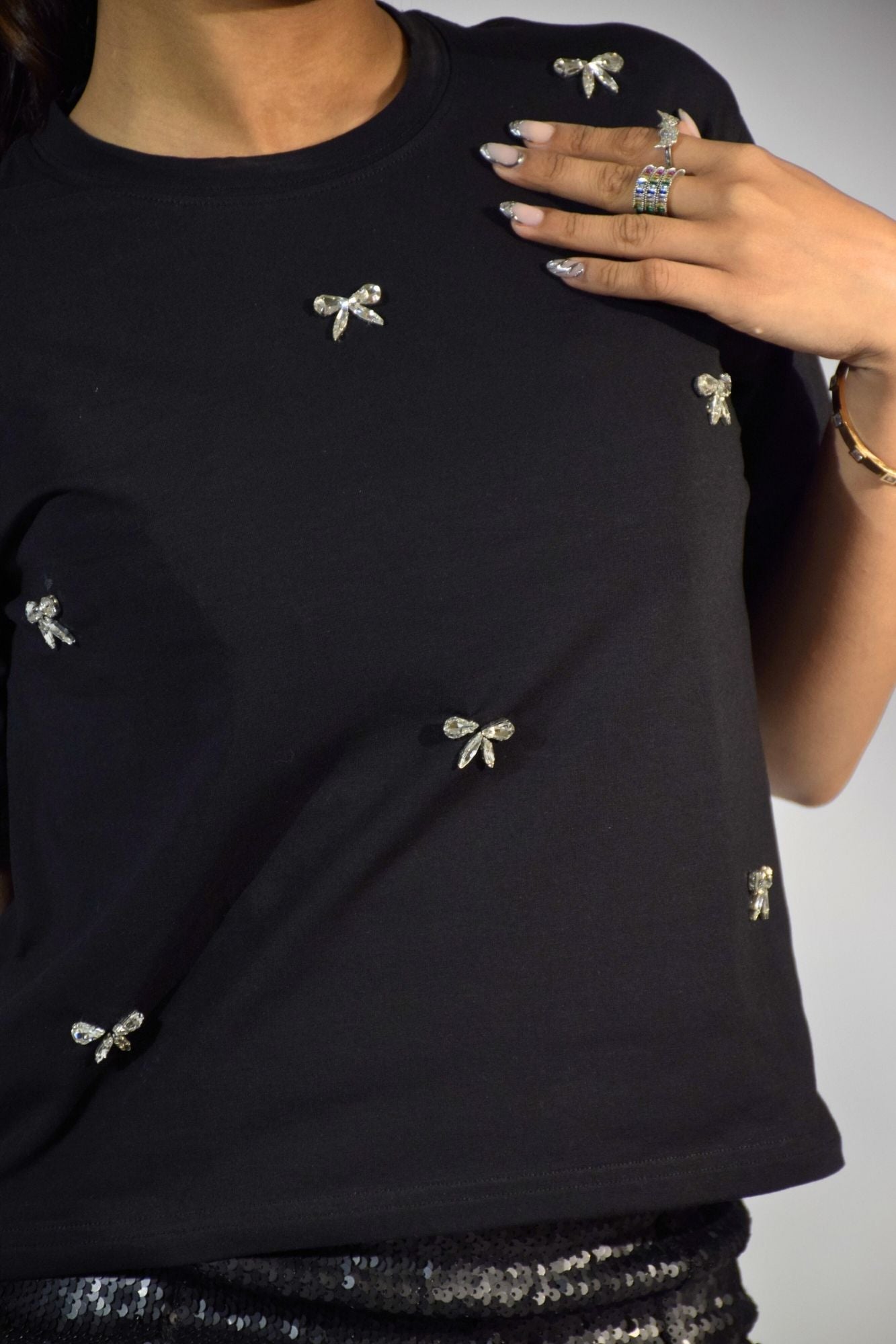 Bow Bliss Embellished Handcrafted Crop T-shirt Black