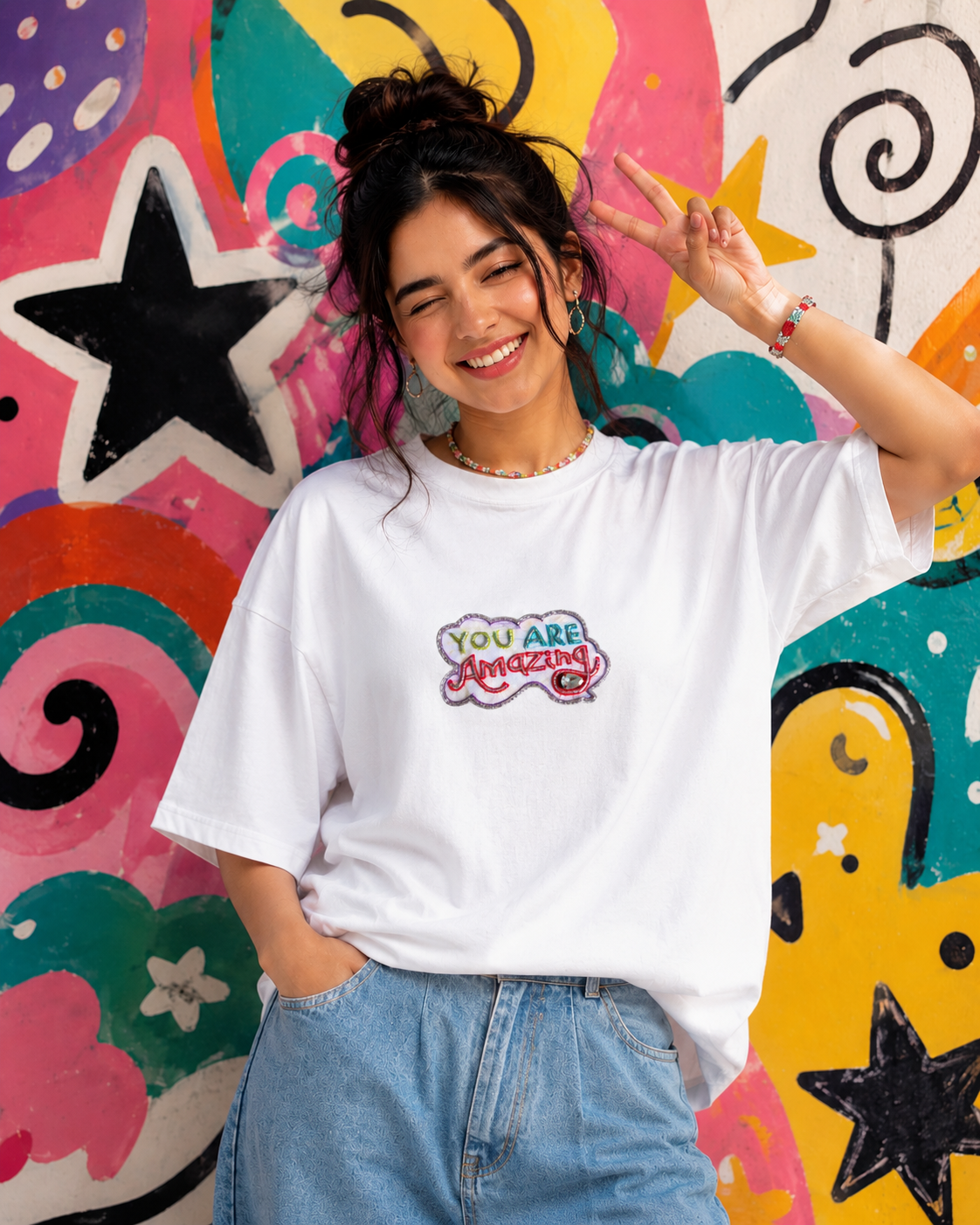 You’re Amazing Hand Embroidered oversized T Shirt White (Copy)