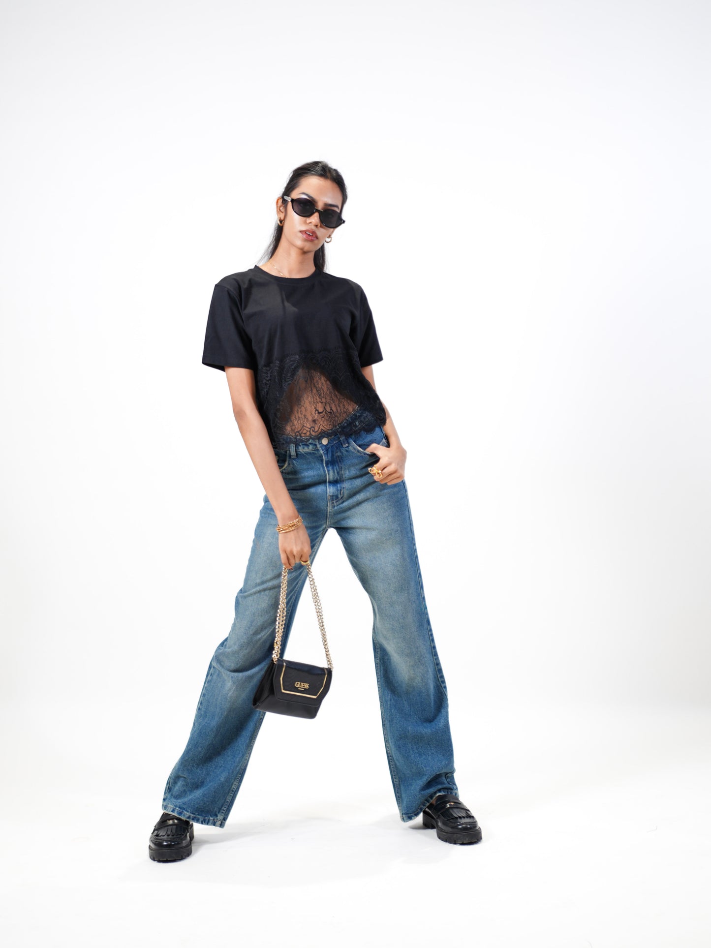 Lace Affair Embellished Handcrafted Drop Crop T-Shirt Black