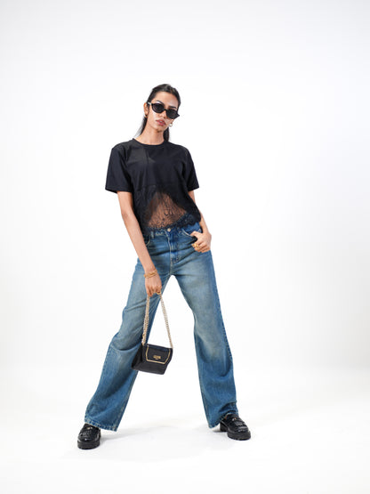 Lace Affair Embellished Handcrafted Drop Crop T-Shirt Black