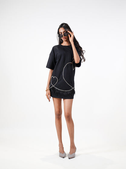 Stardust Embellished Handcrafted Oversized Tshirt Dress Black