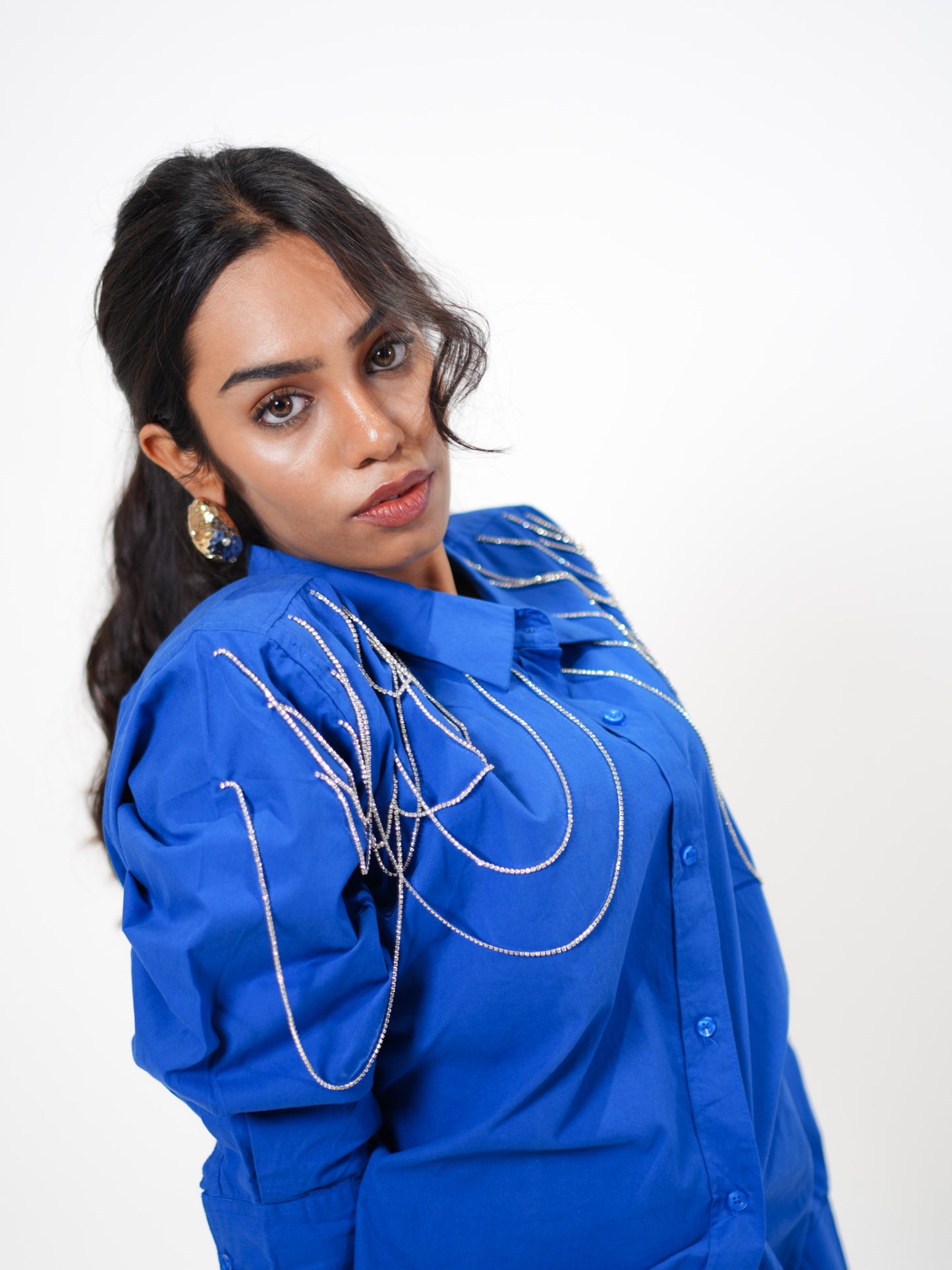 Edgy Embellished Handcrafted Oversized Shirt Blue
