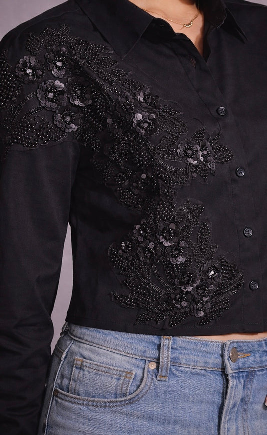 Pearl River Embellished Handcrafted Crop Shirt black