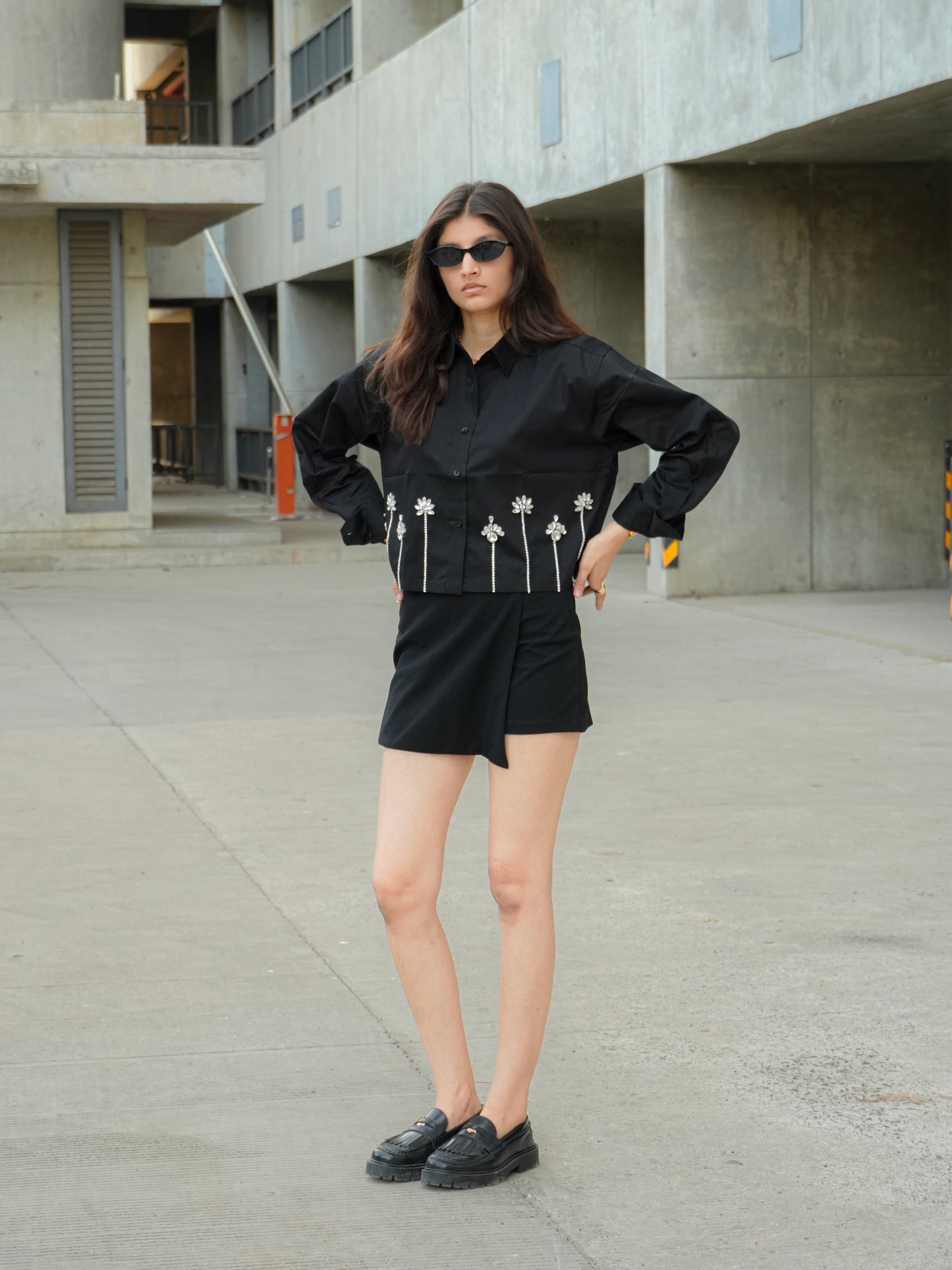 Midnight lotus Embellish Handcrafted Crop Shirt Black