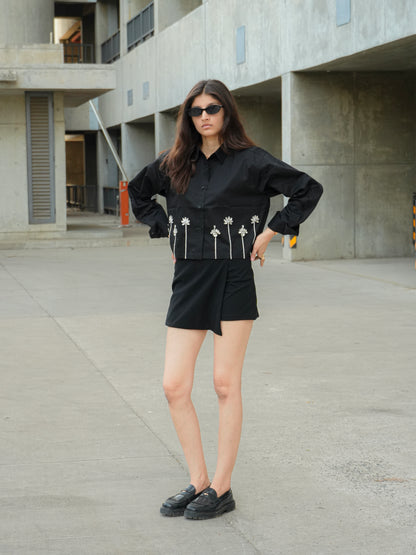 Midnight lotus Embellish Handcrafted Crop Shirt Black