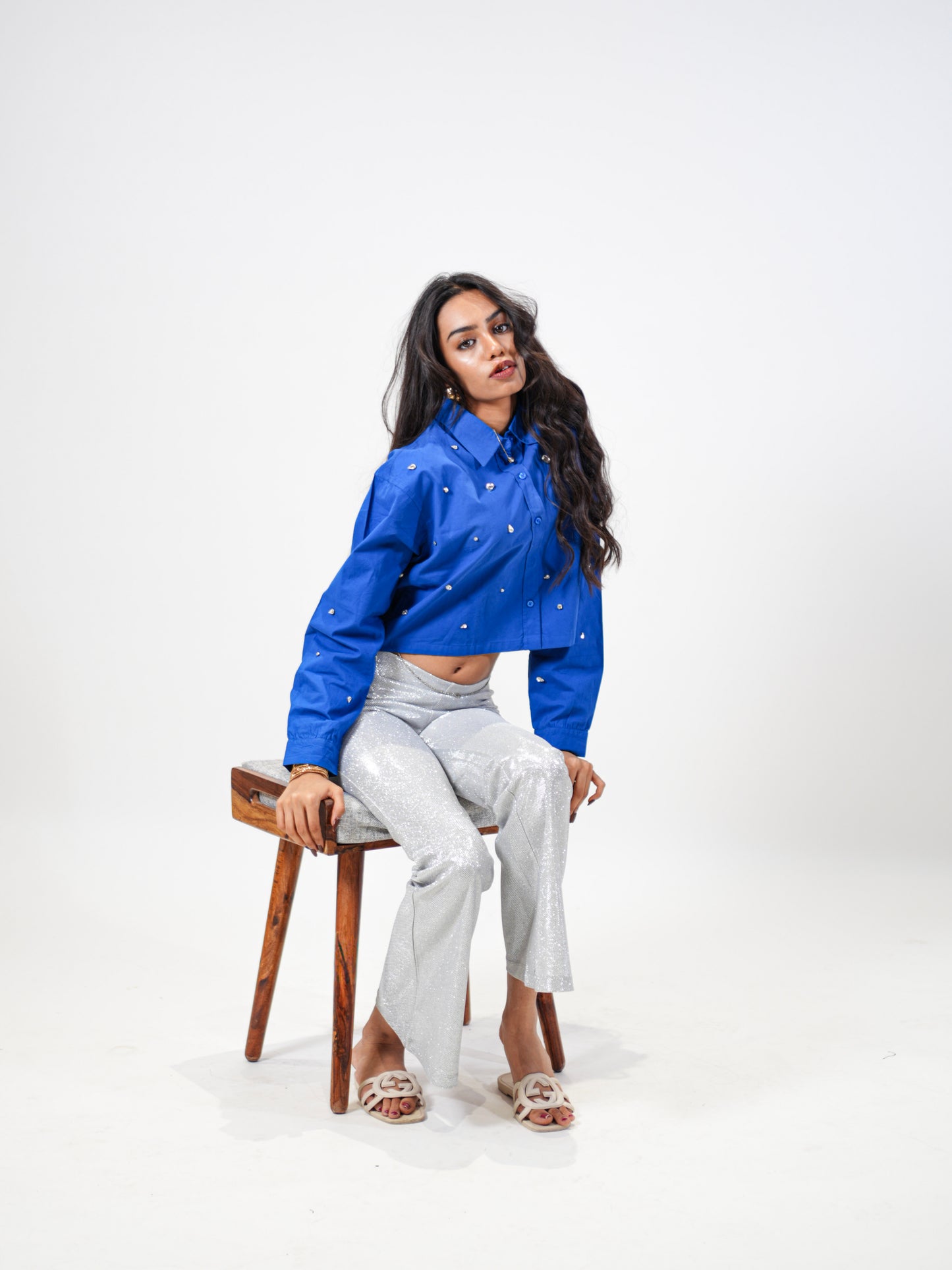 Galaxy Stone Embellished Handcrafted Crop Shirt Blue